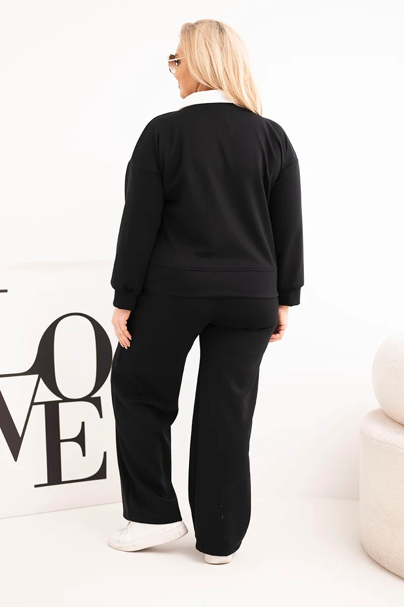Komplet damski masełko Plus Size z szerokimi nogawkami i kołnierzykiem czarny - obrazek 4