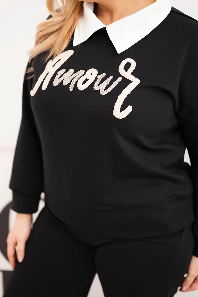 Komplet damski masełko Plus Size z szerokimi nogawkami i kołnierzykiem czarny - obrazek 3