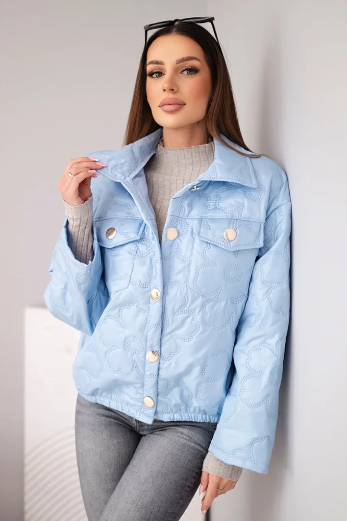 Kurtka damska wiosenna pikowana z kwiatowym wzorem niebieska