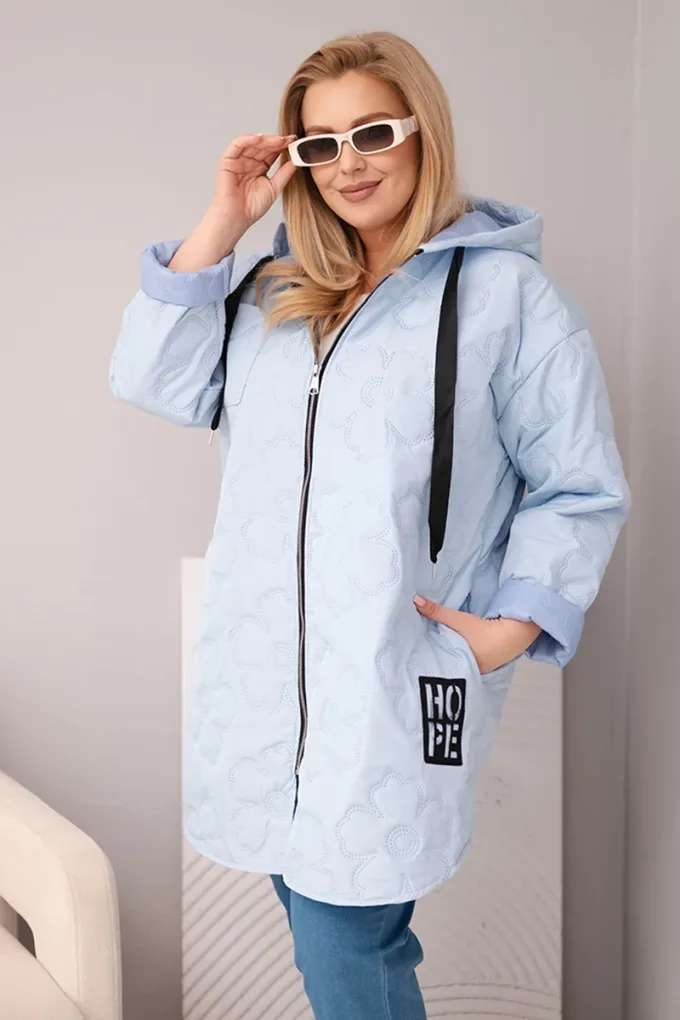 Kurtka damska Plus Size pikowana z kapturem i napisem HOPE niebieska