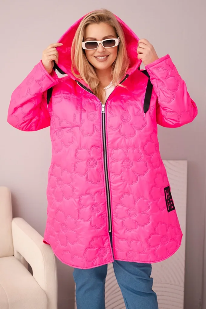 Kurtka damska Plus Size pikowana z kapturem i napisem HOPE różowy neon
