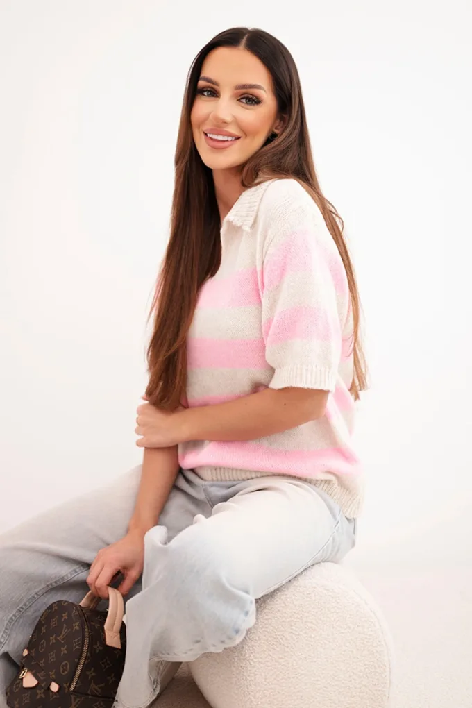 Sweter damski w paski z kołnierzem i krótkim rękawem beżowy