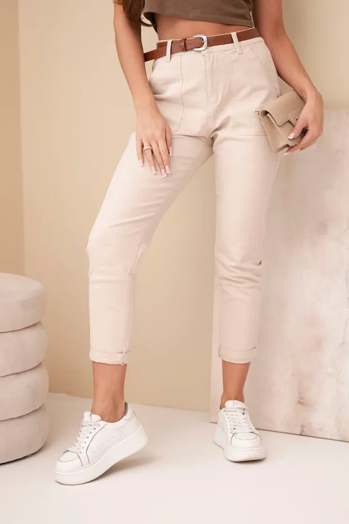 Spodnie damskie jeansowe Skinny z wysokim stanem i paskiem M.sara beżowe