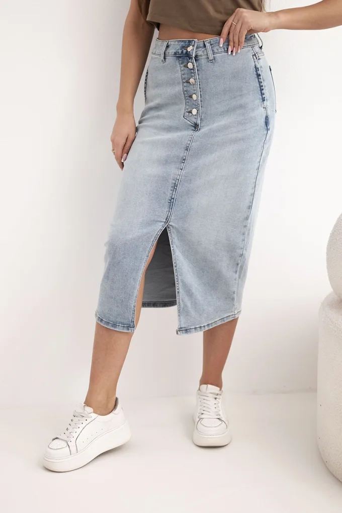 Spódnica jeansowa M.Sara z guzikami midi z elastycznego denimu jeansowe