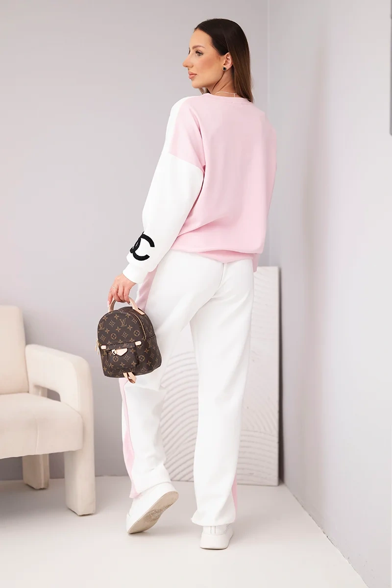 Komplet dresowy damski Masełko dwukolorowy z bluzą oversize i prostymi spodniami pudrowy róż - obrazek 3