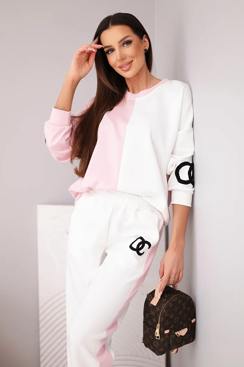 Komplet dresowy damski Masełko dwukolorowy z bluzą oversize i prostymi spodniami pudrowy róż+biały