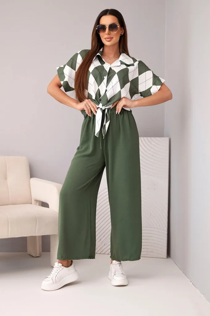 Komplet damski wiskozowy koszula z wiązaniem i spodnie z gumką khaki