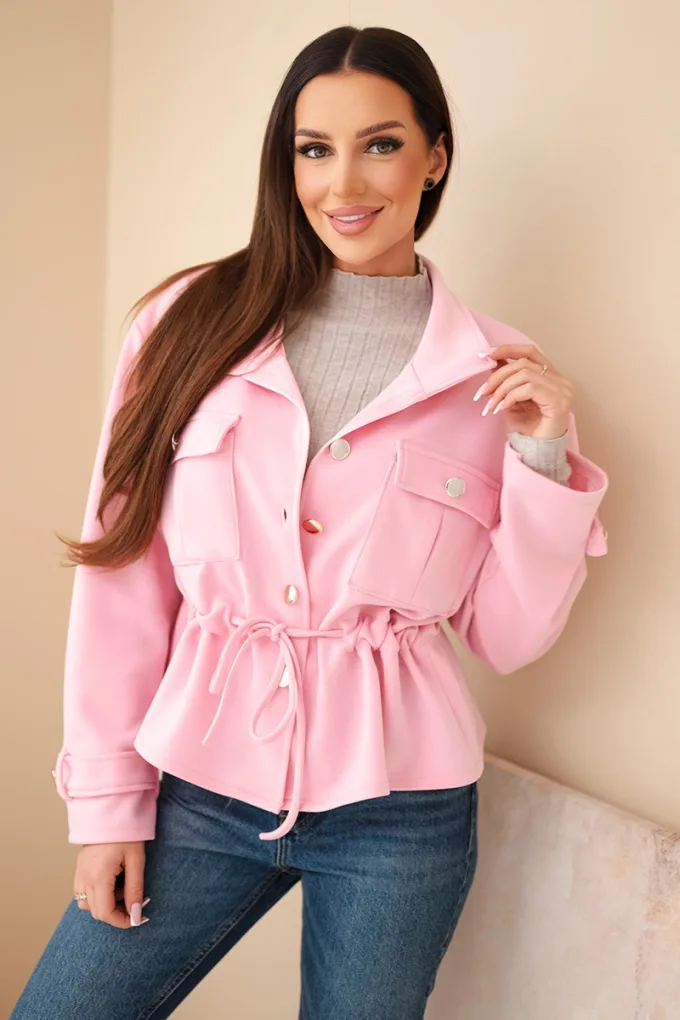 Bluza damska rozpinana masełkowa z troczkiem i kieszeniami cukierkowy róż