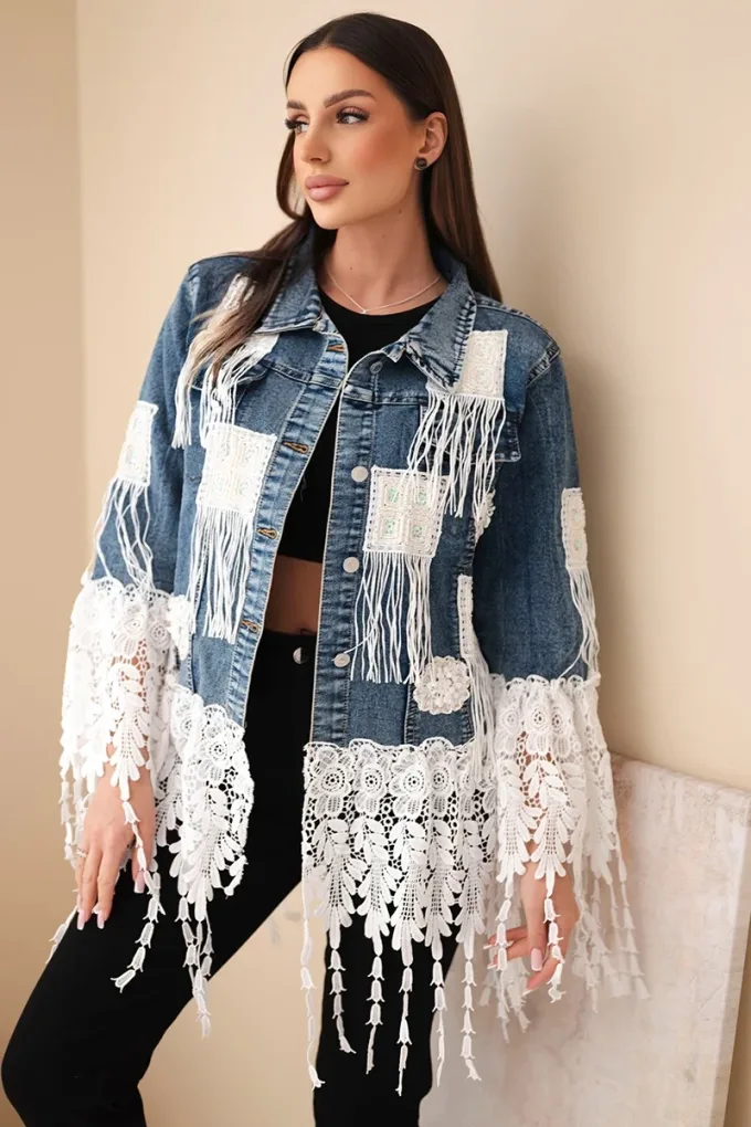 Kurtka jeansowa damska bawełniana z frędzlami i koronką w stylu boho ciemno jeansowa