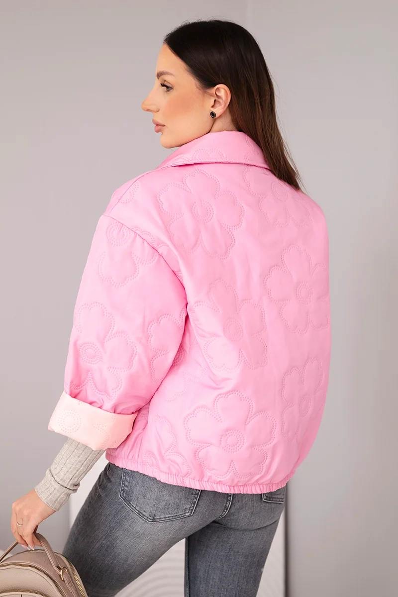 Kurtka damska wiosenna pikowana z kwiatowym wzorem cukierkowy róż - obrazek 4
