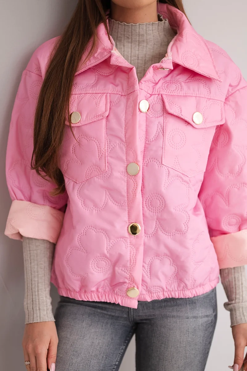 Kurtka damska wiosenna pikowana z kwiatowym wzorem cukierkowy róż - obrazek 3