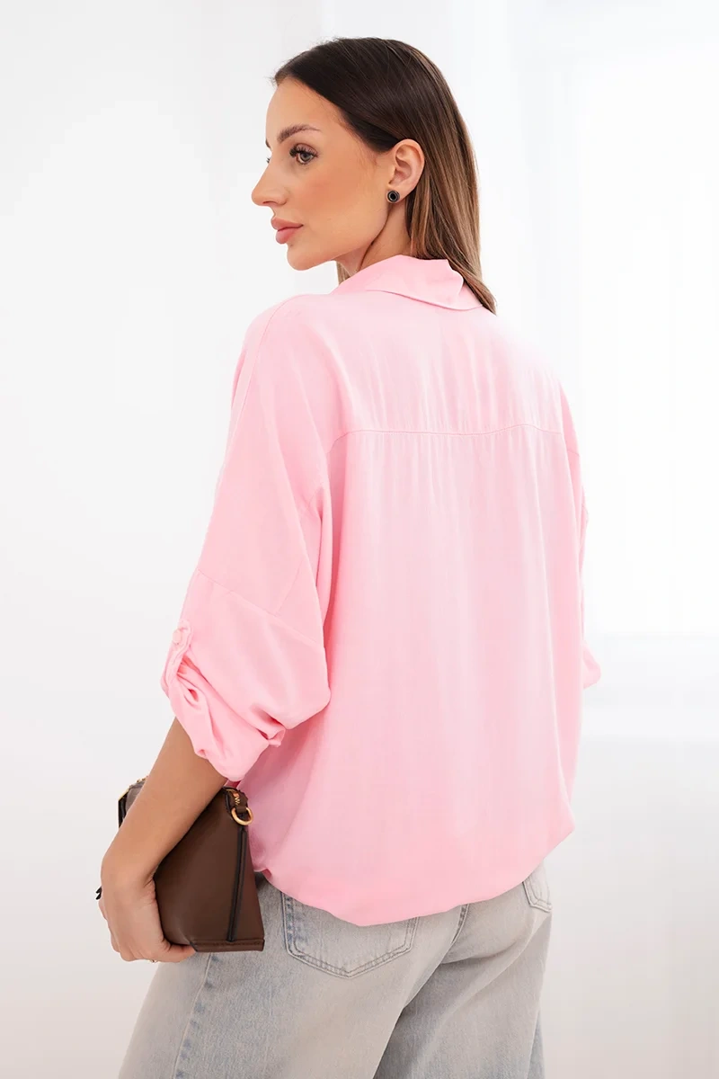 Koszula damska z wiskozą z ozdobnymi guzikami i kołnierzem cukierkowy róż - obrazek 3