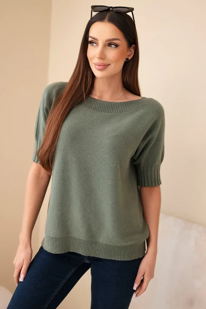 Sweter damski z wiskozy z krótkim rękawem khaki