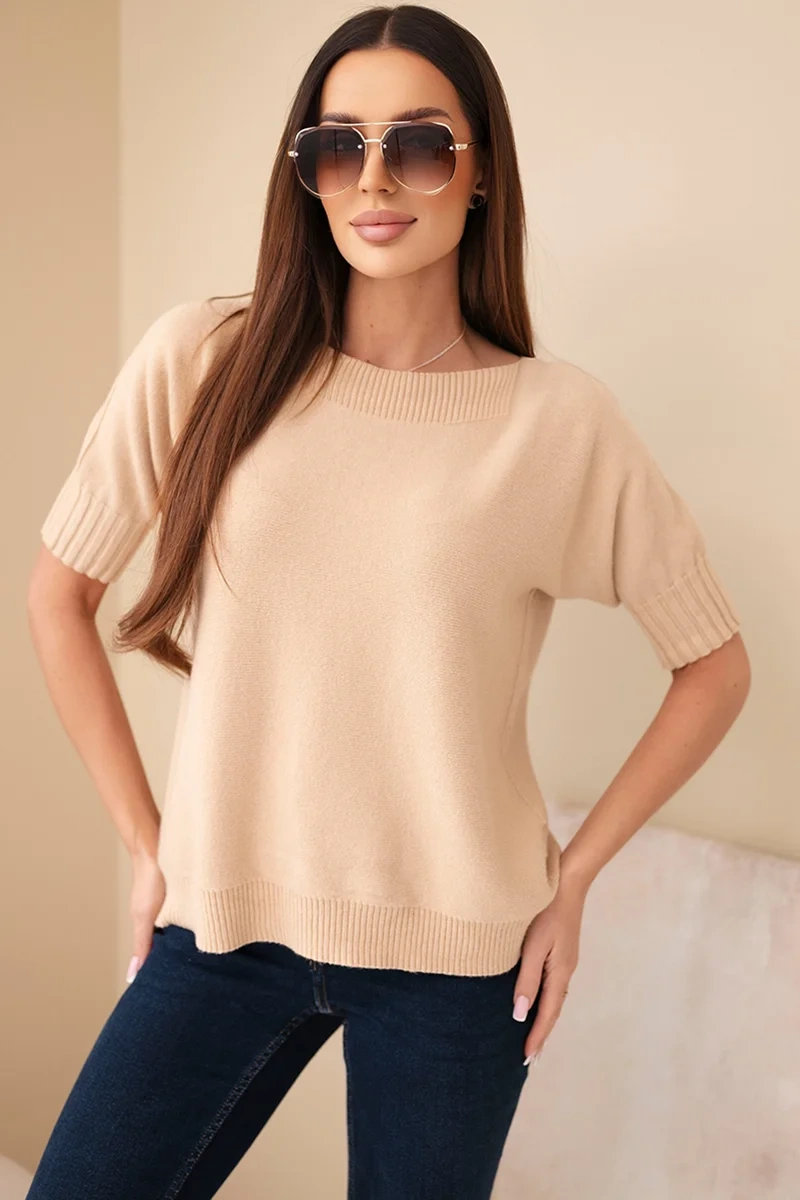 Sweter damski z wiskozy z krótkim rękawem jasno camelowy