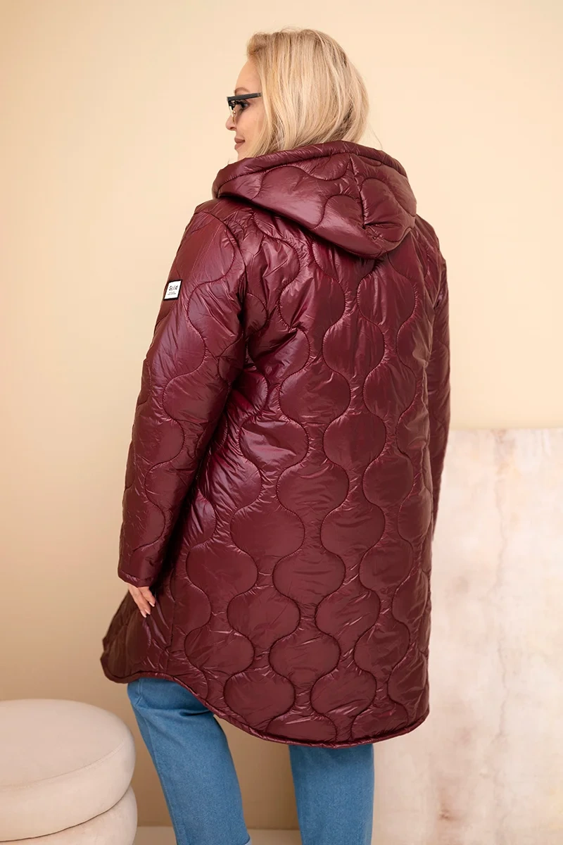 Kurtka damska Plus Size zimowa pikowana z kapturem śliwkowa - obrazek 8