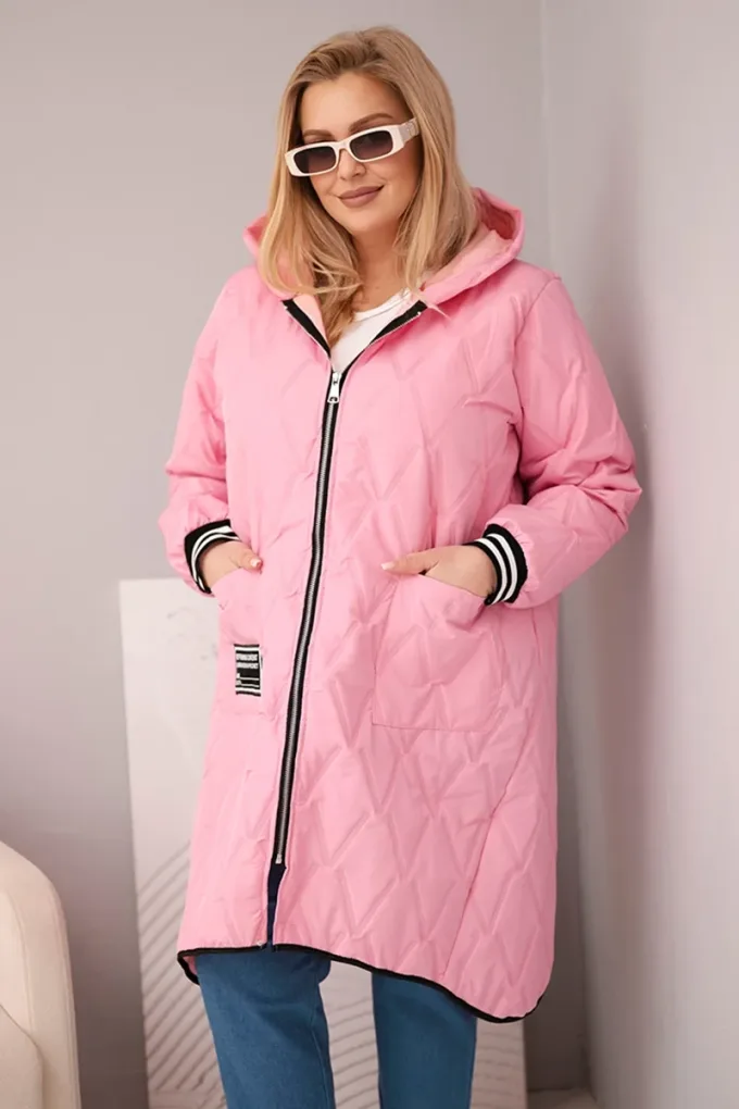 Kurtka damska Plus Size pikowana z kapturem i sportowymi mankietami jasno różowa