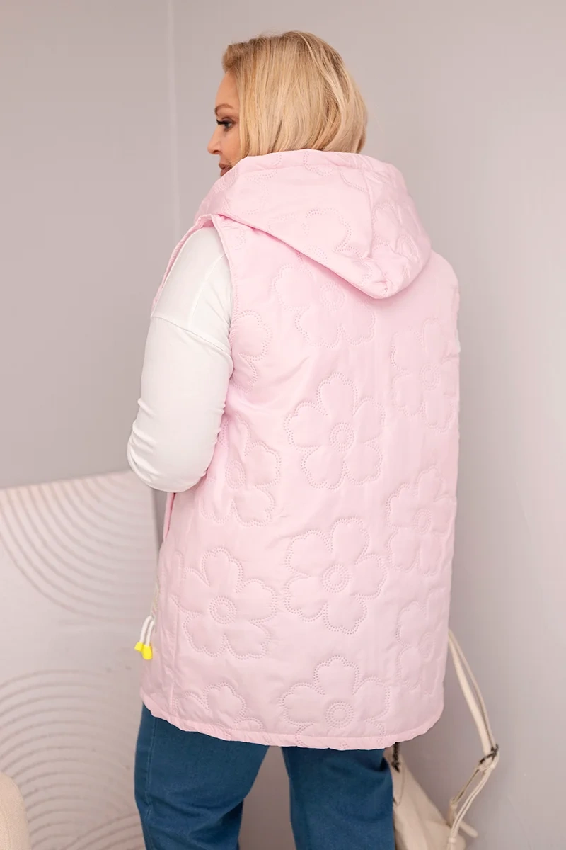 Kamizelka damska Plus Size z kapturem i pikowaniem w kwiaty cukierkowy róż - obrazek 4
