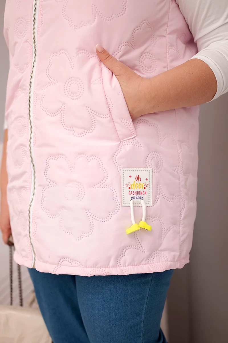 Kamizelka damska Plus Size z kapturem i pikowaniem w kwiaty cukierkowy róż - obrazek 3