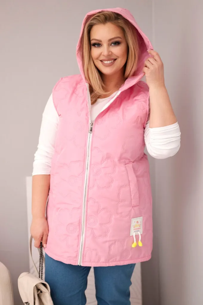 Kamizelka damska Plus Size z kapturem i pikowaniem w kwiaty jasno różowa