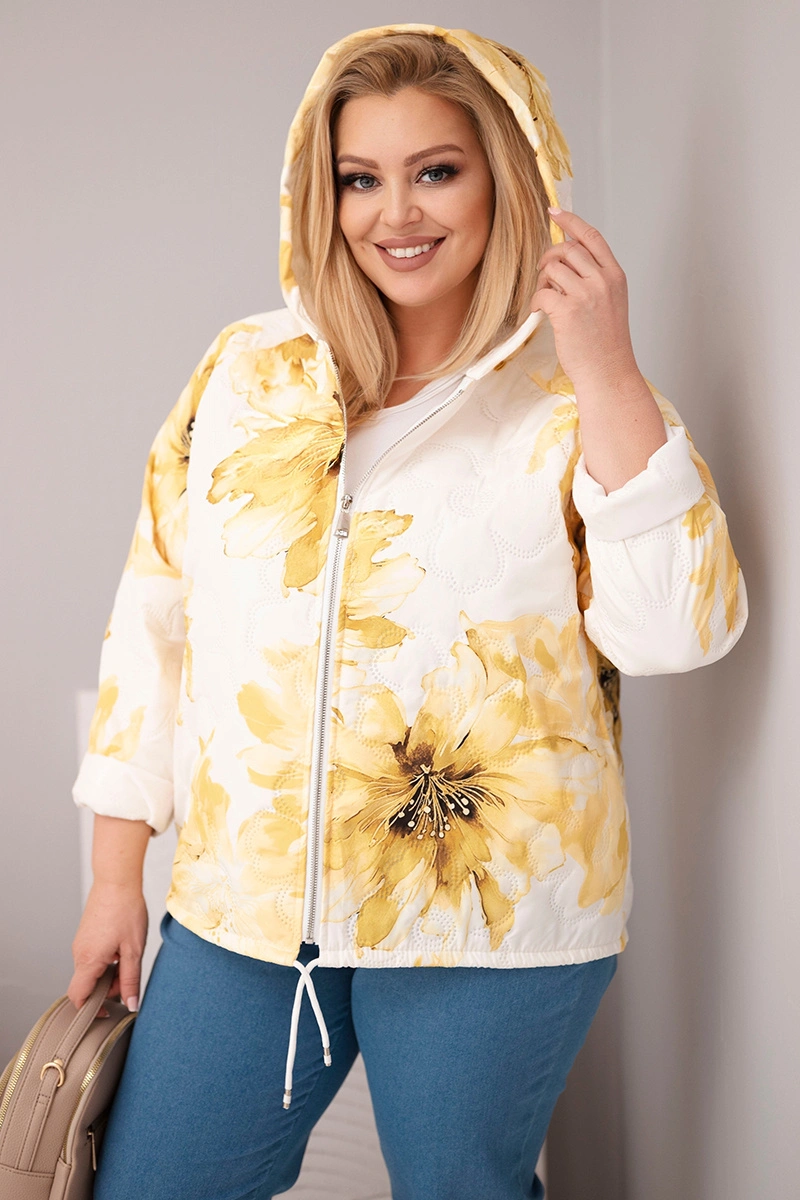 Kurtka damska wiosenna Plus Size z florystycznym wzorem żółta
