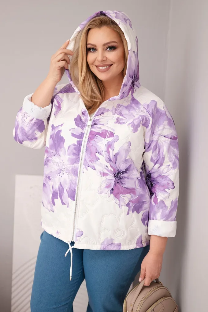 Kurtka damska wiosenna Plus Size z florystycznym wzorem fioletowa