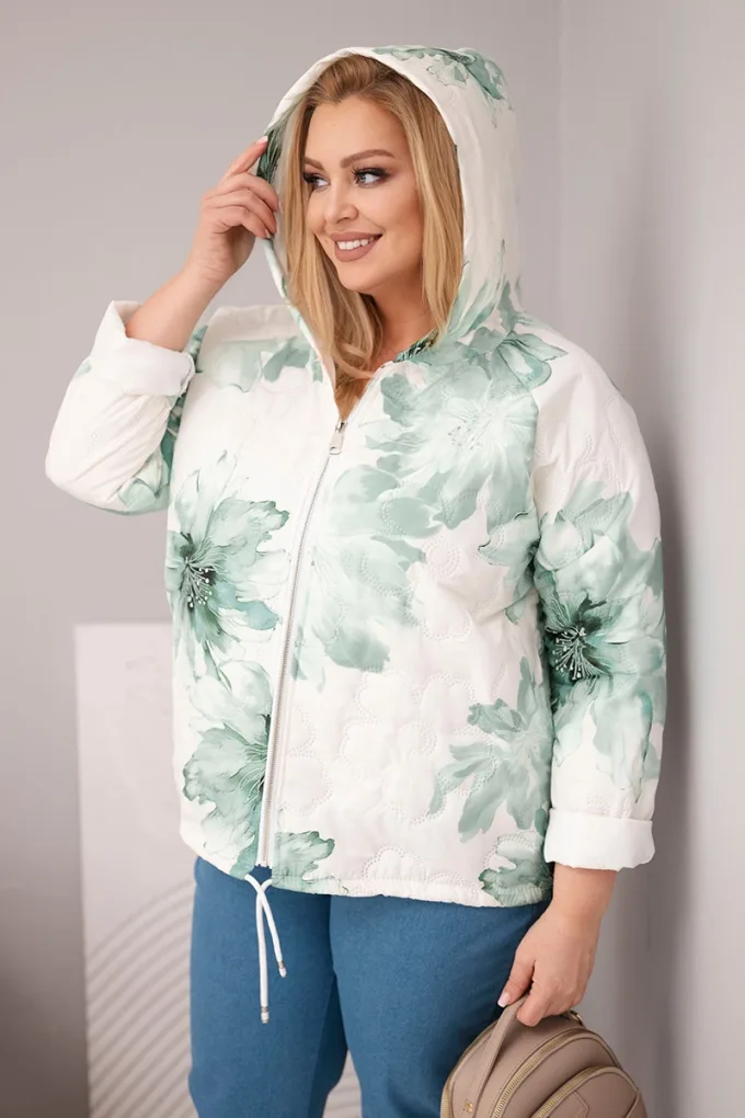 Kurtka damska wiosenna Plus Size z florystycznym wzorem miętowa