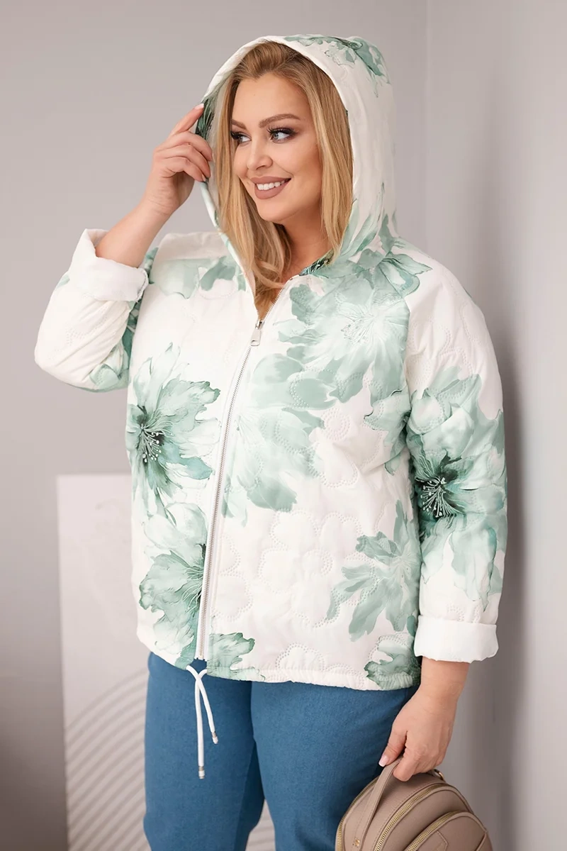 Kurtka damska wiosenna Plus Size z florystycznym wzorem miętowa