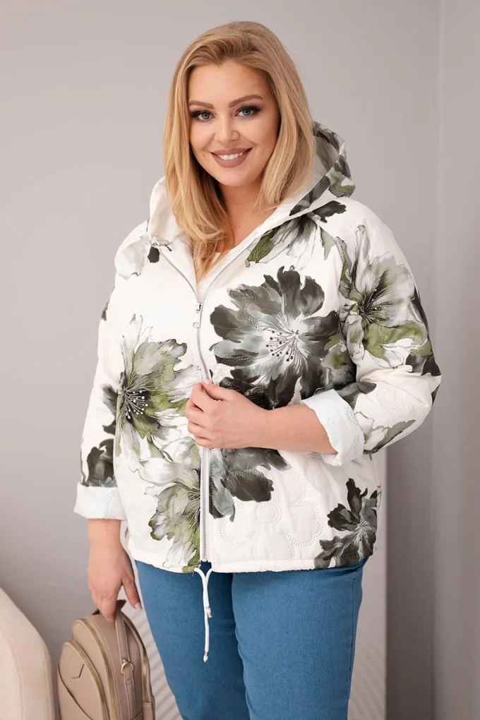 Kurtka damska wiosenna Plus Size z florystycznym wzorem khaki