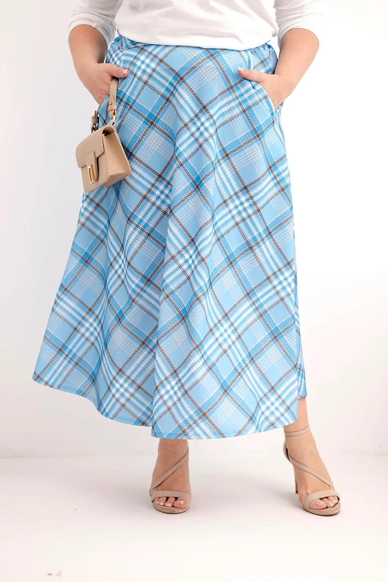 Spódnica damska Plus Size w kratę z szerokim dołem niebieska - obrazek 2