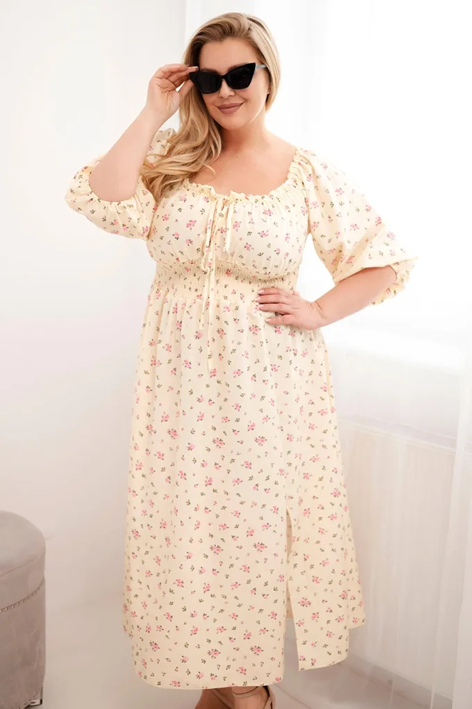 Sukienka damska Plus Size z dekoltem na troczki i elastyczną talią żółta