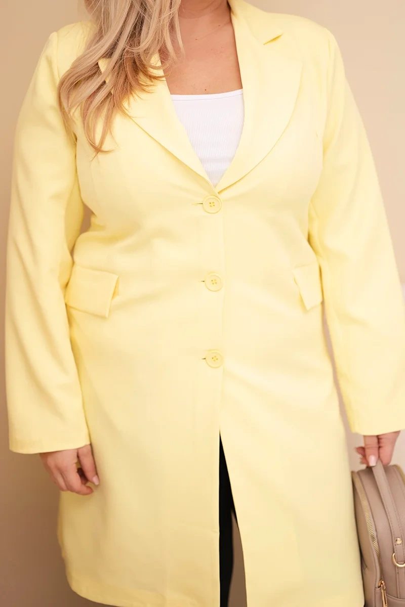 Płaszcz damski Plus Size długi z kołnierzem i kieszeniami żółty - obrazek 4