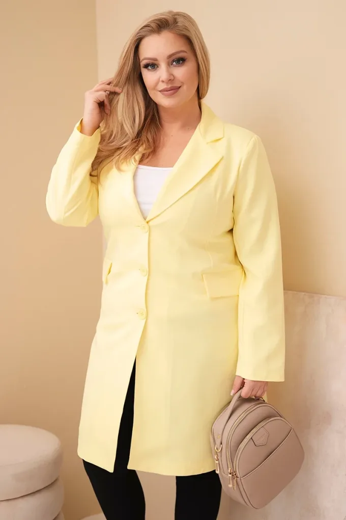 Płaszcz damski Plus Size długi z kołnierzem i kieszeniami żółty