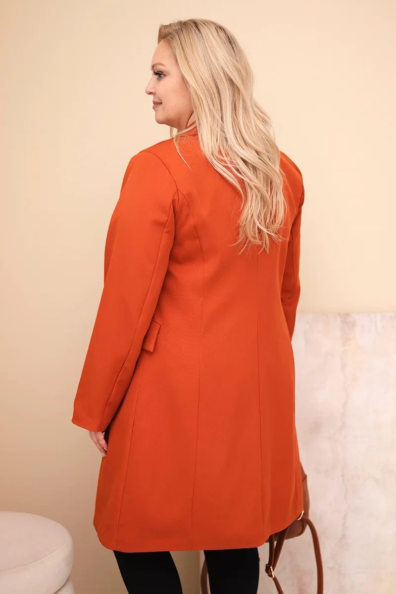 Płaszcz damski Plus Size długi z kołnierzem i kieszeniami rudy - obrazek 3