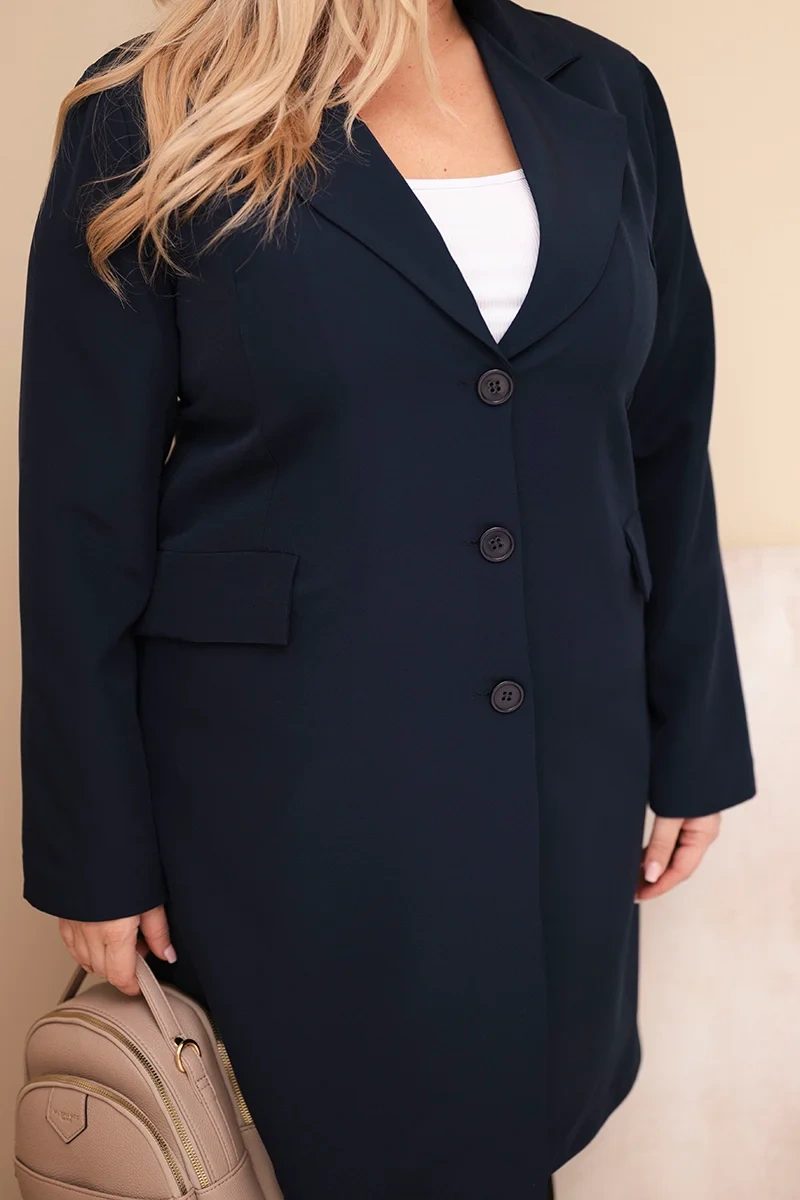 Płaszcz damski Plus Size długi z kołnierzem i kieszeniami granatowy - obrazek 4