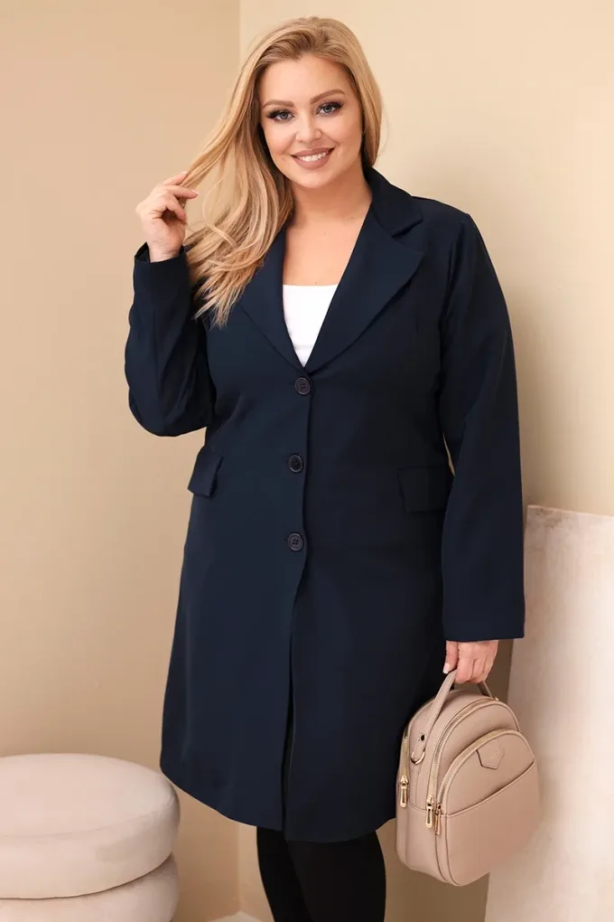 Płaszcz damski Plus Size długi z kołnierzem i kieszeniami granatowy