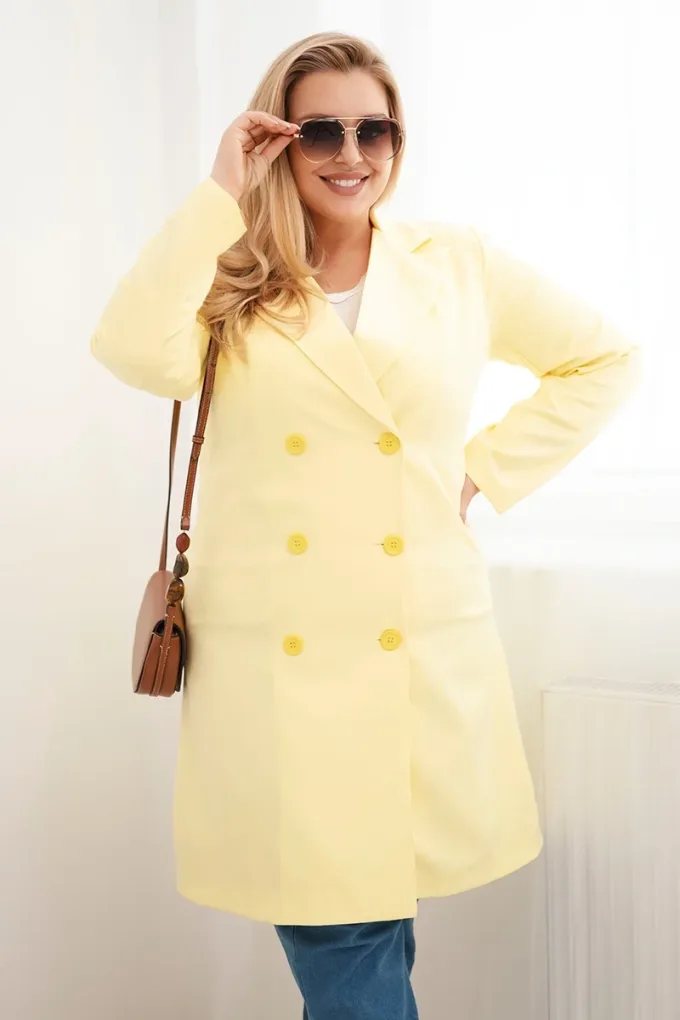 Płaszcz damski Plus Size dwurzędowy z kołnierzem żółty