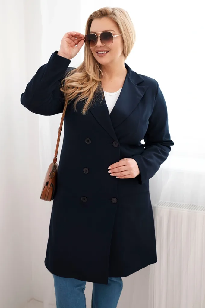 Płaszcz damski Plus Size dwurzędowy z kołnierzem granatowy