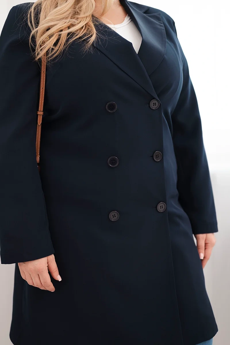 Płaszcz damski Plus Size dwurzędowy z kołnierzem granatowy - obrazek 4