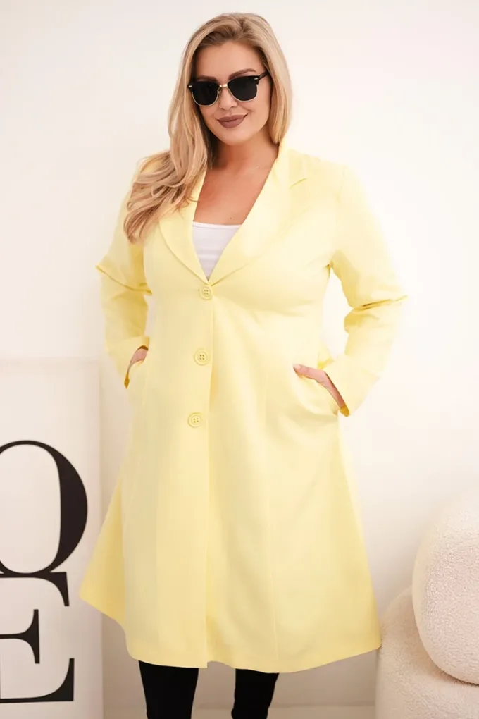 Płaszcz damski Plus Size klasyczny z guzikami i kołnierzem żółty
