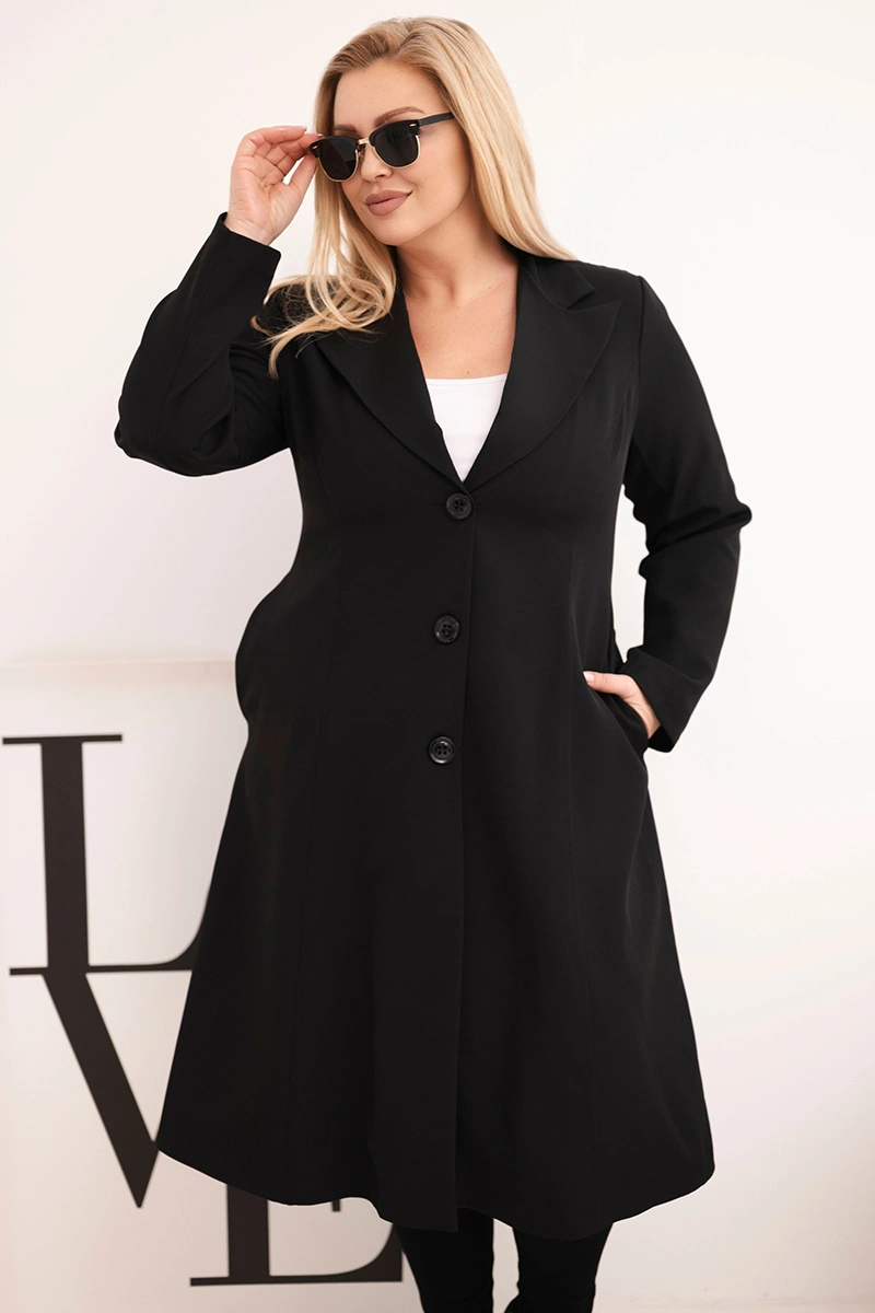 Płaszcz damski Plus Size klasyczny z guzikami i kołnierzem czarny