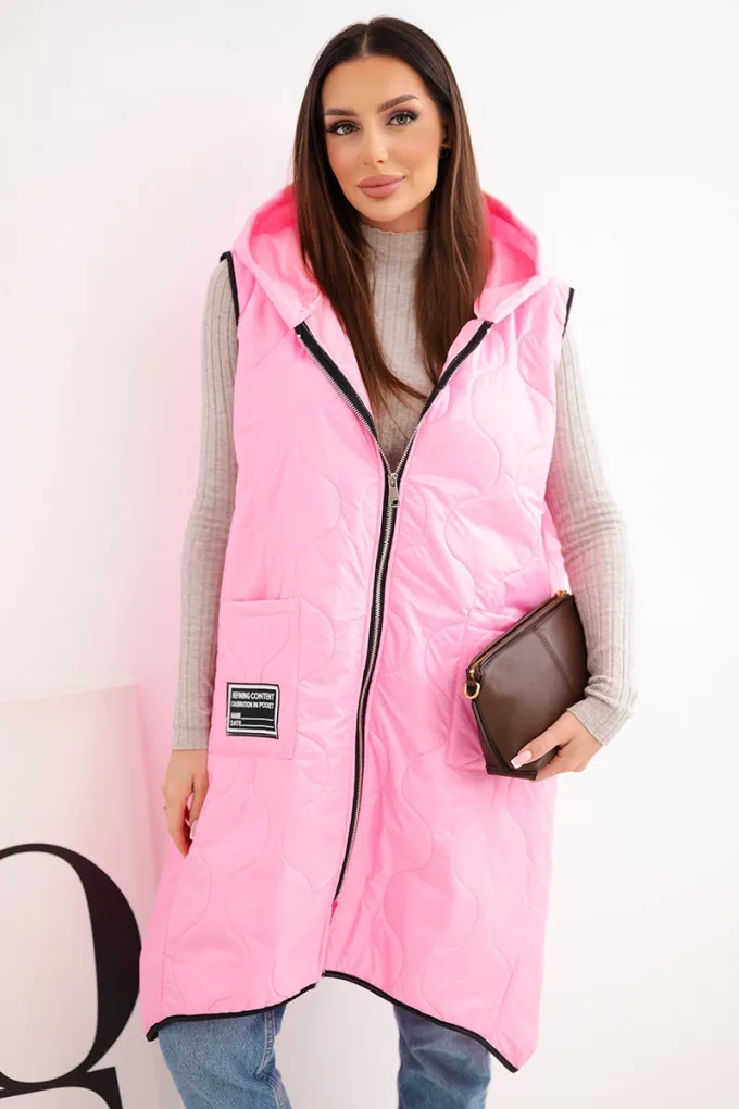 Kamizelka damska pikowana Plus Size z kapturem zapinana na zamek cukierkowy róż