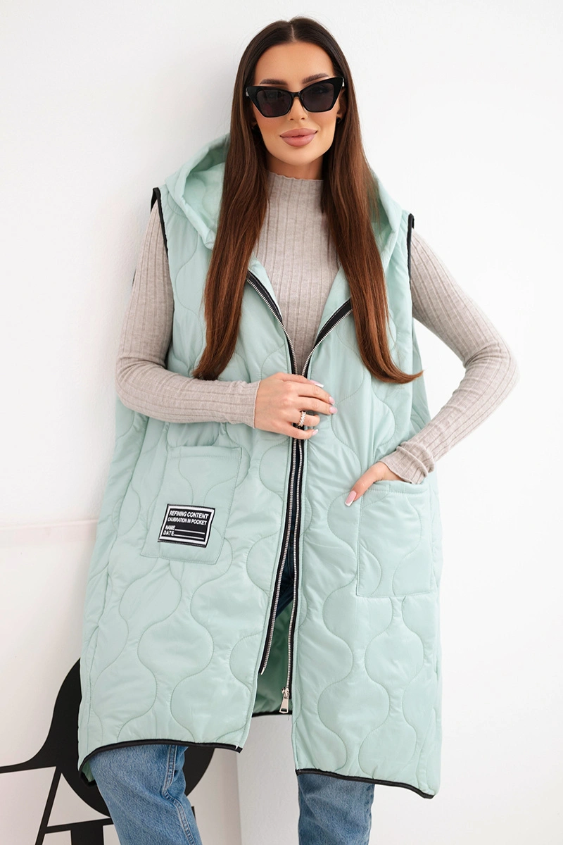 Kamizelka damska pikowana Plus Size z kapturem zapinana na zamek miętowa
