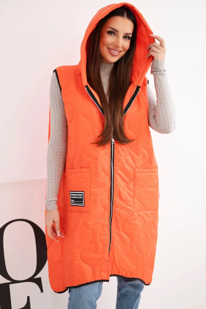 Kamizelka damska pikowana Plus Size z kapturem zapinana na zamek pomarańczowa