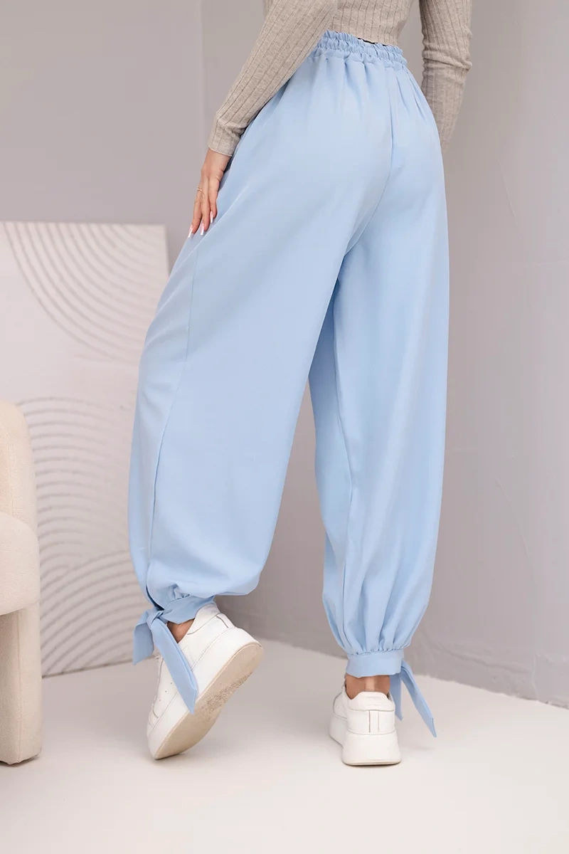Spodnie damskie z szeroką nogawką i wiązaniem u dołu niebieskie - obrazek 3