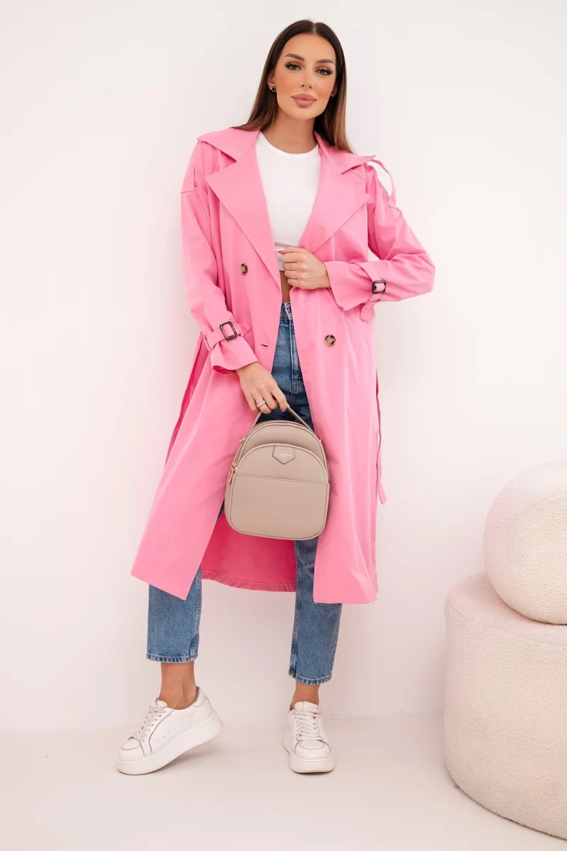 Płaszcz damski wiązany w talii z kołnierzem jasno różowy - obrazek 2