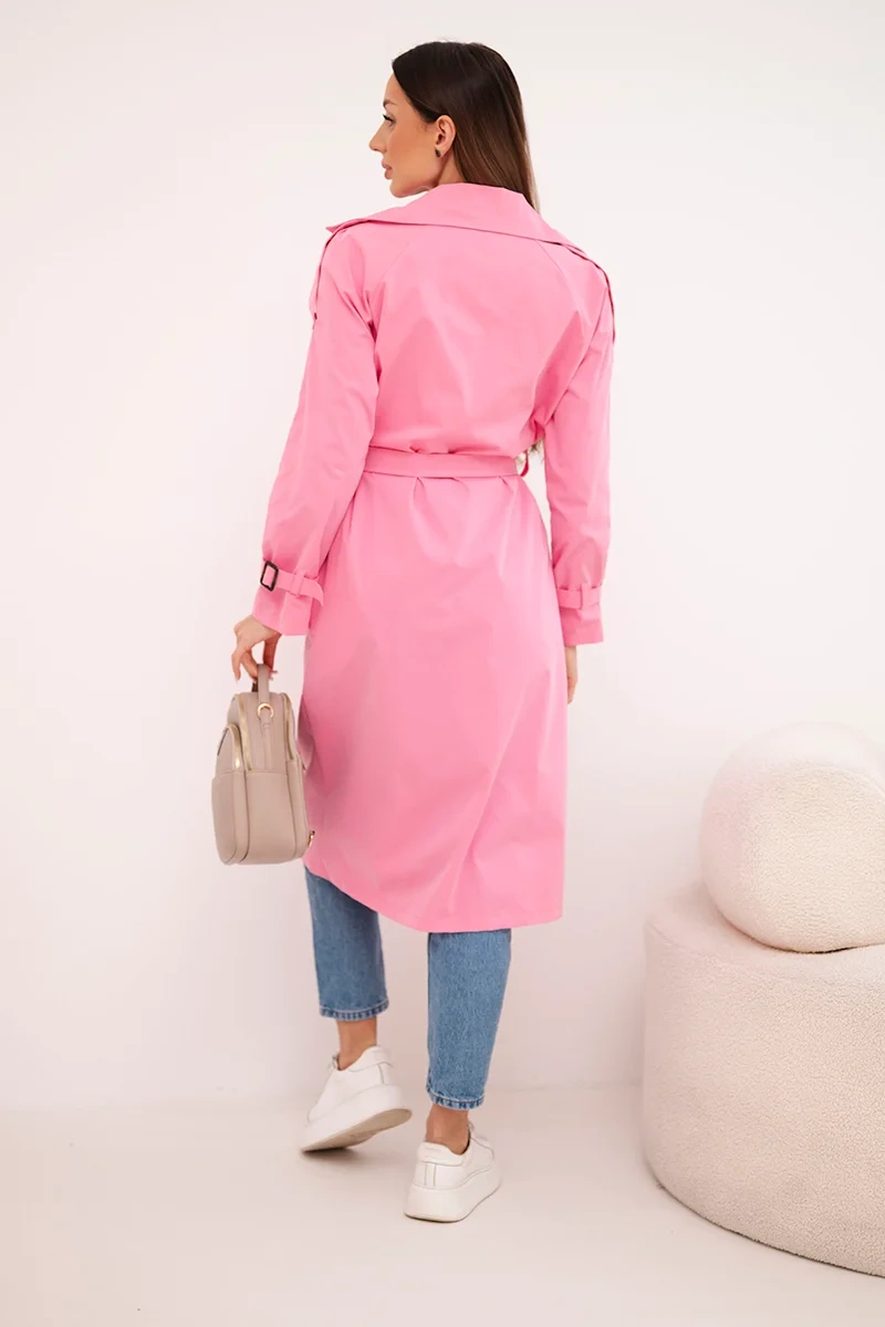 Płaszcz damski wiązany w talii z kołnierzem jasno różowy - obrazek 3