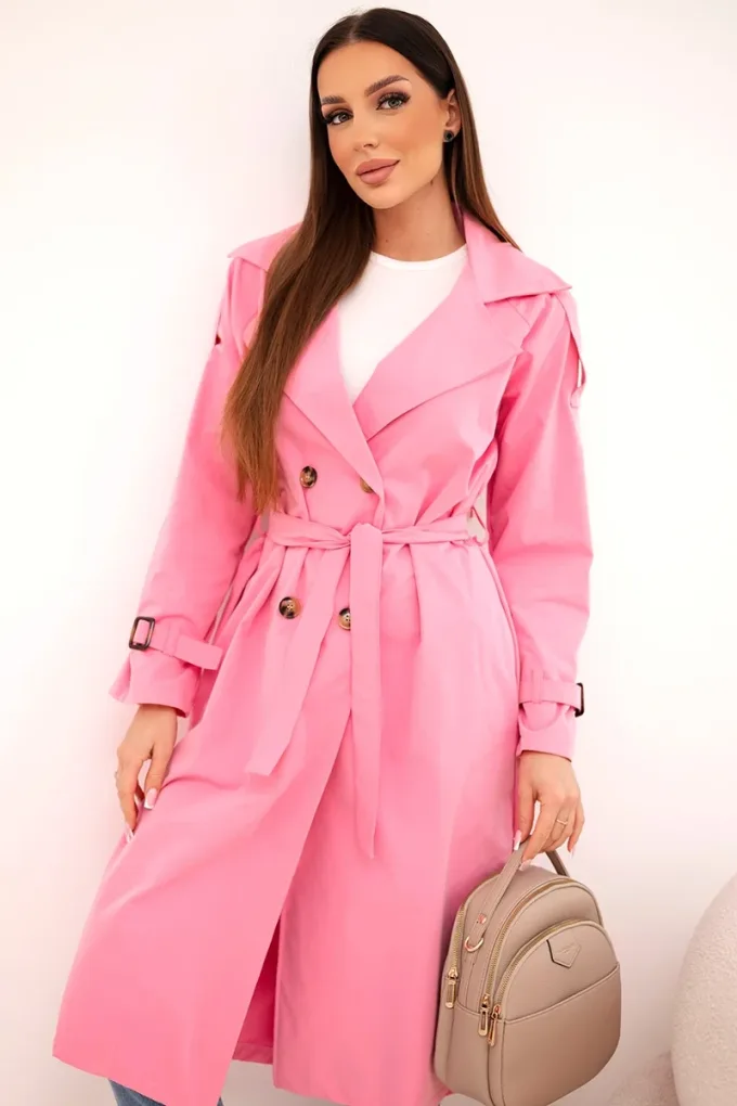 Płaszcz damski wiązany w talii z kołnierzem jasno różowy