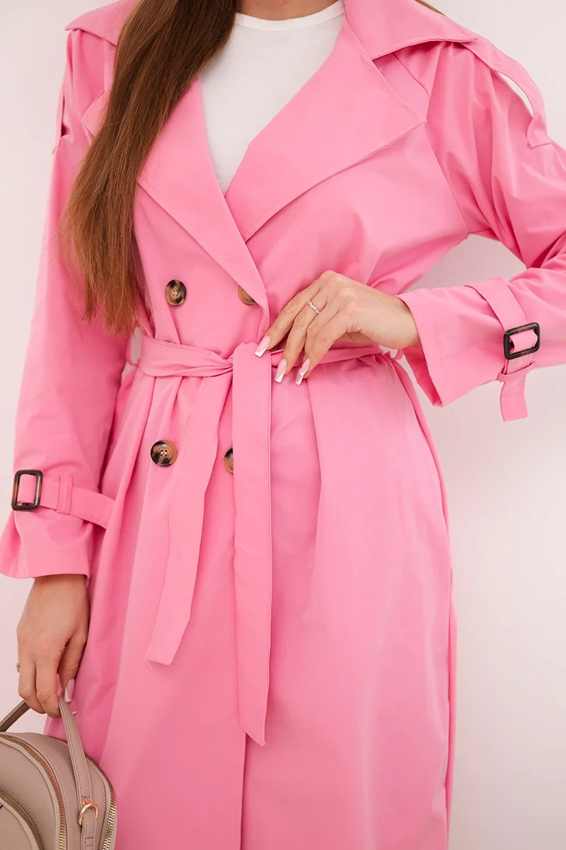 Płaszcz damski wiązany w talii z kołnierzem jasno różowy - obrazek 4