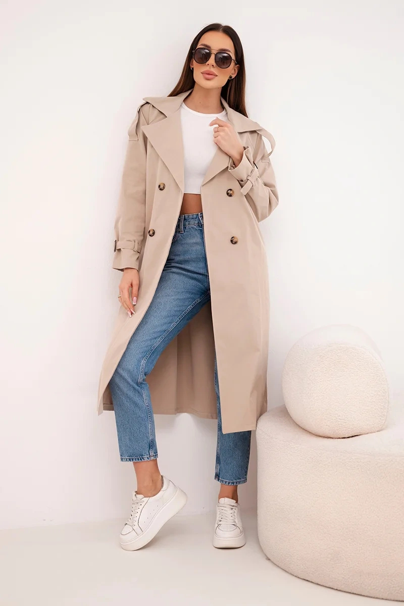 Płaszcz damski wiązany w talii z kołnierzem camelowy - obrazek 2