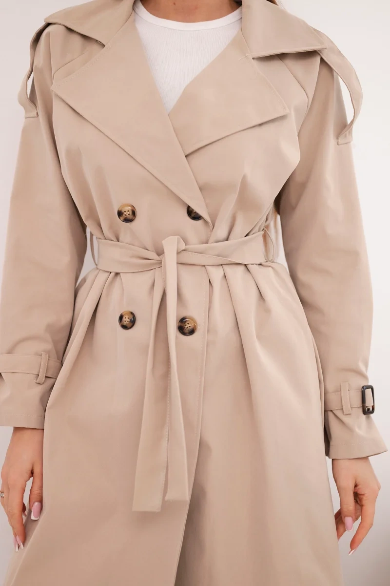 Płaszcz damski wiązany w talii z kołnierzem camelowy - obrazek 4